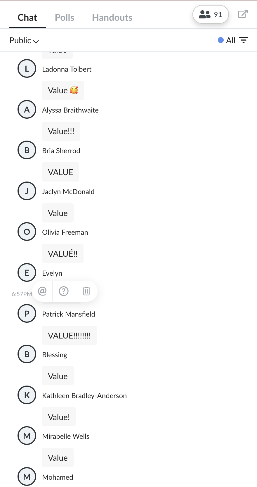 Wealth clinic chat log continued, showing attendees replying "Value" in the public chat, including Alyssa Braithwaite, Bria Sherrod, Jaclyn McDonald, Olivia Freeman, Evelyn, Patrick Mansfield, Blessing, Kathleen Bradley-Anderson, Mirabelle Wells, and Mohamed
