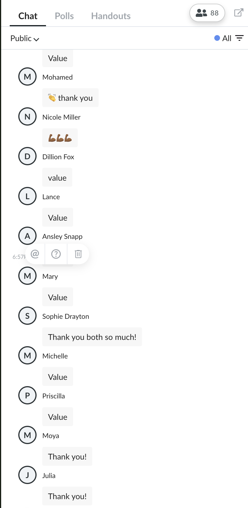Wealth clinic chat log continued, showing attendees replying "Value" and "Thank you" in the public chat, including Nicole Miller, Dillion Fox, Lance, Ansley Snapp, Mary, Sophie Drayton, Michelle, Priscilla, Moya, and Julia