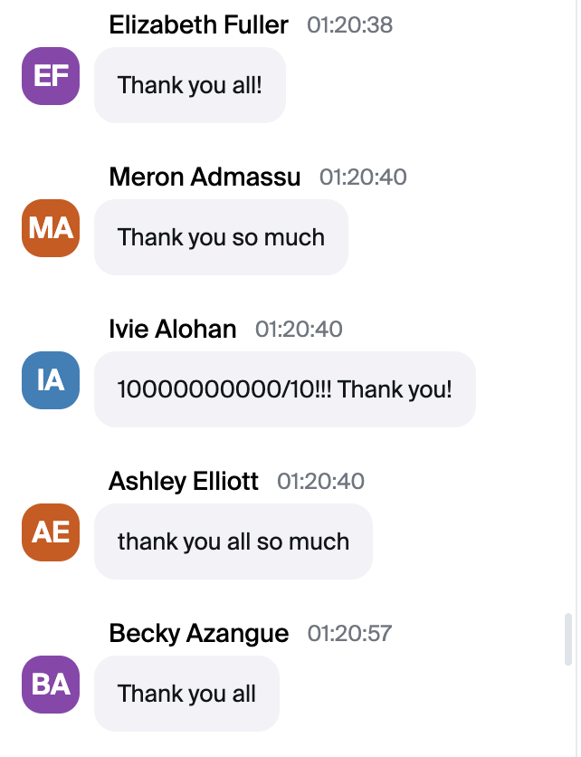 Chat log showing attendees Elizabeth Fuller, Meron Admassu, Ivie Alohan, Ashley Elliott, and Becky Azangue each thanking the group