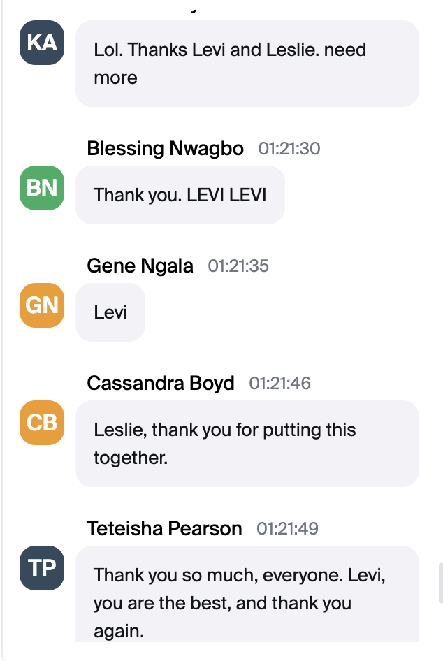 Chat log continued, showing messages from Blessing Nwagbo, Gene Ngala, Cassandra Boyd, and Teteisha Pearson thanking Leslie and Levi for the session