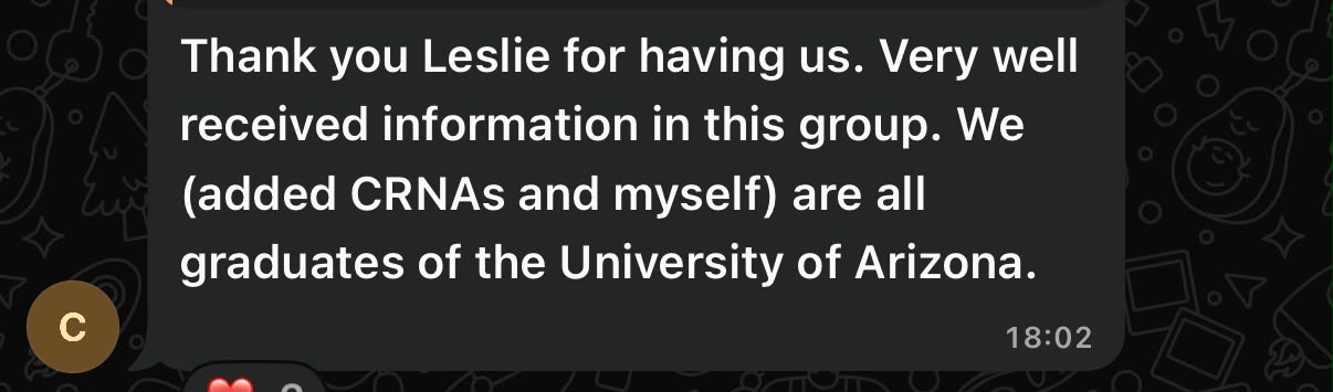 WhatsApp message thanking Leslie for a well-received session, from graduates of the University of Arizona